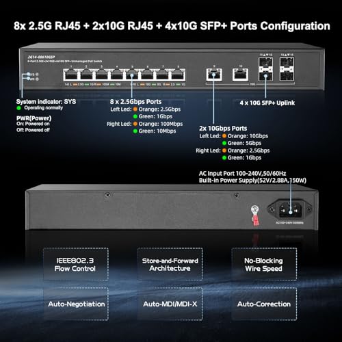 Image of 14 Port 10G Switch, 8x2.5G, 2x10G RJ45, 4x10G SFP+, Metal Unmanaged Binardat Ethernet Switch, Desktop|Rackmount for Gaming, NAS, Small Business, Plug & Play