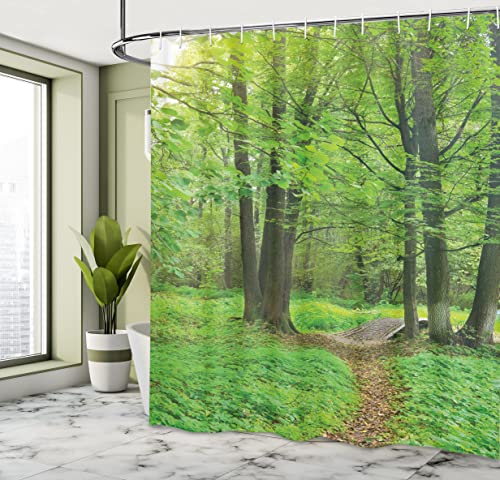 ABAKUHAUS Nature Shower Curtain, Summer Season Forest with Flourishing Trees Grass and Pathway Tranquil Scenery, 70 Inches - Image 4