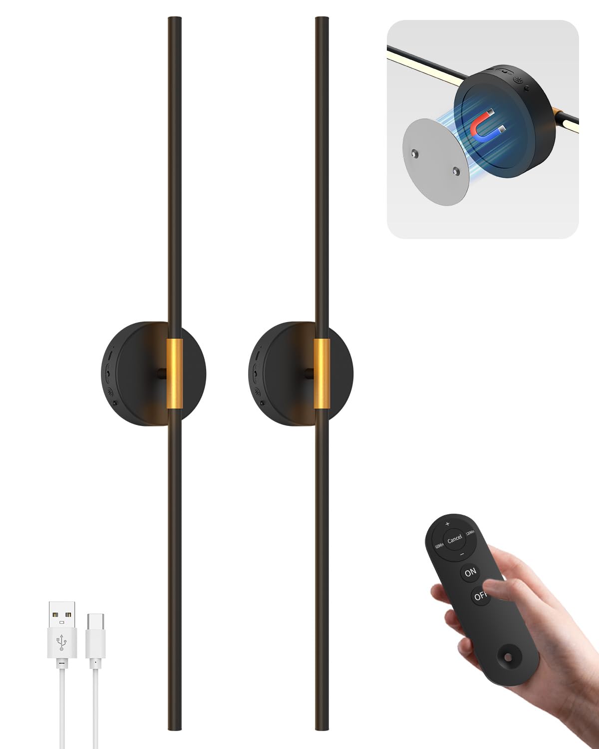 GOODEA Bezprzewodowa lampa ścienna do wnętrz 72 cm - Zestaw 2-6500 mAh-Pilot i timer - Bezprzewodowa lampa ścienna z akumulatorem czarna - do sypialni, salonu, na schody