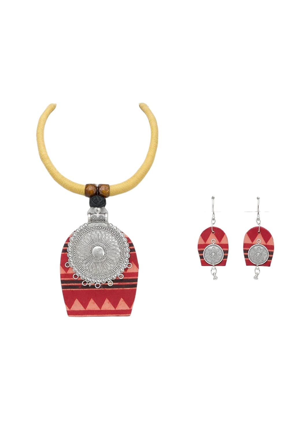 Handpainted Terracotta Necklace Set for Women - Tribal Ethnic Statement Jewelry with Earrings - Lightweight Handmade Clay Jewelry-image-42