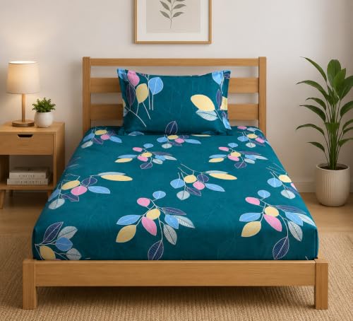 Image of LOOMLYFE Microfiber Soft Cotton Single Bed Bedsheet for Diwan Bed, Size 60 Inches X 90 Inches, 152 X 230 cm with 1 Large Size Pillow Covers Without Joint - GreenLeaves