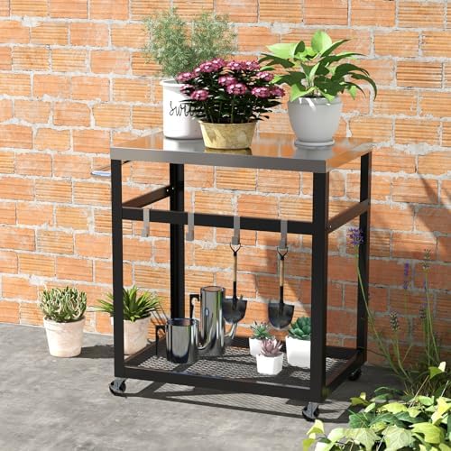 Generisch Grilltisch Outdoor, Servierwagen mit 2 Ablagen & 4 Rädern & Griff & 4 Haken, Pizzatisch Beistelltisch Grillwagen für Hinterhof, Garten, Terrasse (2 Ablagen), Schwarz + Silber
