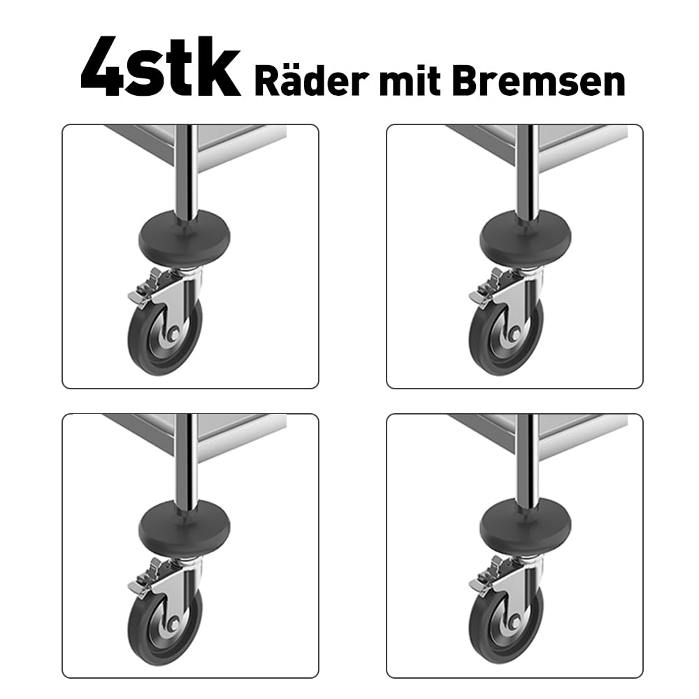Edelstahl servierwagen mit Rollen küchenwagen auf runder Griff,rollwagen für Restaurants Mit 4-Bremsräder (3 böden)