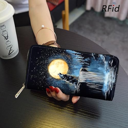 Image of RFID Blocking Leather Wallet for Women - Large Capacity Zip Around Clutch with 8 Card Slots,34 Cash Pockets & Coin Zipper,Wolf and Moon
