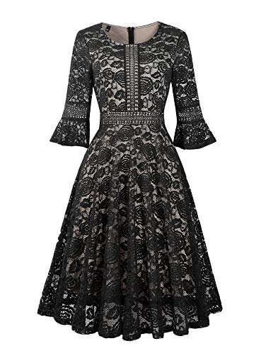Cocktail Dress Lace Swing Vintage Tea Length Formal Dresses for Women Black X-Large