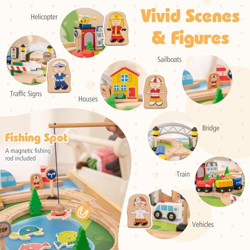 costzon train table 5 in 1 kids activity wooden set w 78 pieces railway playset reversible map top blackboard building bricks station amp large storage space toddler sensory table for 3 years