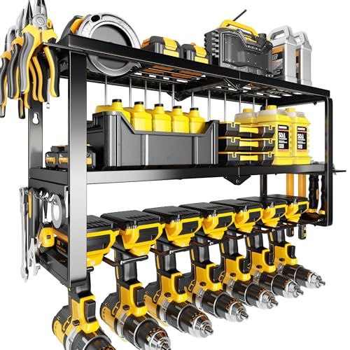Hipidian Heavy Duty Power Tool Organizer Wall Mount - 300lb Capacity 3-Tier Storage Rack with 7 Drill Holders for Garage Workshop Tools