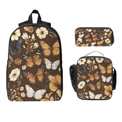 Boho Butterfly Backpacks 3 Pcs Casual Multifunction Backpack with Fun Graphic Cartoon Print for Outdoor Hiking and Travel