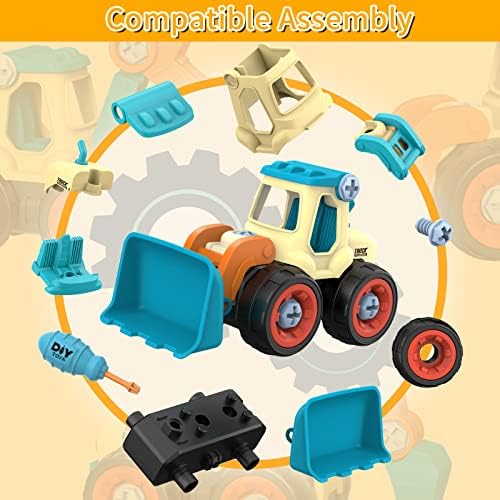 Januts Take-Apart Construction Vehicles Mini Engineering Toy Play Set with 4 Pack, Excavator, Road Roller, Bulldozer, Ground Drilling Rig, DIY Building Educational Toys for Boys Girls Age 3+ (Blue)