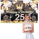 25th Brithday Background Banner with Diamond 25 Number Cake Topper, Happy Birthday Gold Party Decora