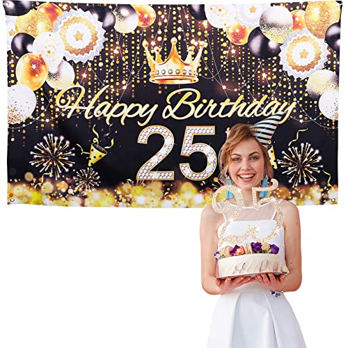 25Th Brithday Background Banner With Diamond 25 Number Cake Topper, Happy Birthday Gold Party Decorations For Boy Girl, 25Th Birthday Anniversary Celebration Photo Booth Backdrop 70 * 43 Inch #TOP6