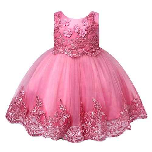 IEFIEL Vestido Princesa de Fiesta para Niña (3 meses-10 años) Vestido Elegante Floral Sin Manga de Cumpleaños Vestido Gasa con Bowknot de Bautizo Rosa Oscuro B 2-3 años Cover