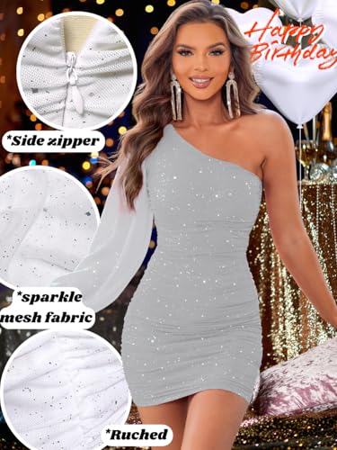 Image of ShawGobow Sparkly Outfits for Women,One Shoulder Ruched Bodycon Short Prom Dress,Sexy Dresses Cocktail Homecoming Nye