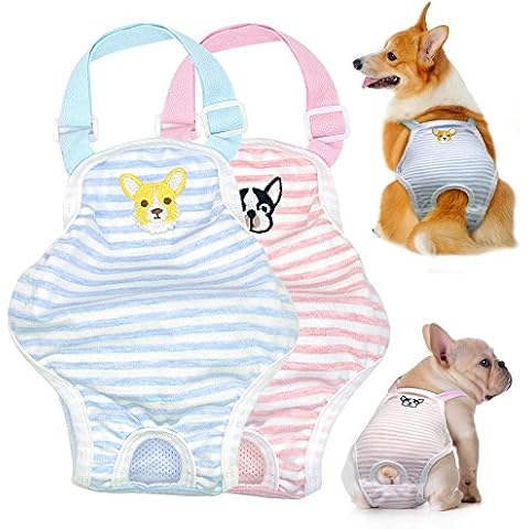 Stock Show 1PC Dog Cute Summer Cotton Stripe Sanitary Pantie with Adjustable Strap Suspender Physiological Pants Pet Underwear Diapers Jumpsuits for Girl Dogs Medium Large Corgi French Bulldog, Pink Cover