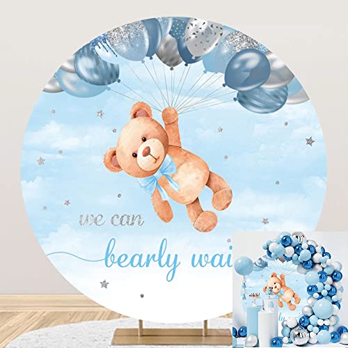 OERJU Bear Baby Shower Round Backdrop Cover - We Can Bearly Wait - Sky Blue Balloons Boy Kids Gender Reveal Newborn Party Circle Backdrop Cover Cake Table Decor Photo Studio Prop 6.5x6.5ft by OERJU - Used condition - CA$38.15