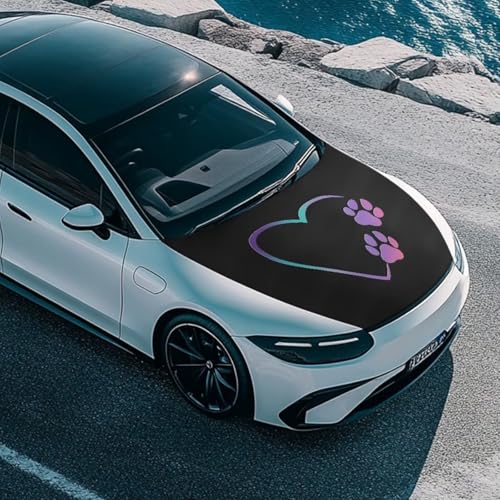 Image of 39x59 Inch Love Heart Dog Paw Print Cover for Car Hood, Car Hood Waterproof Protector All Seasons Universal Car Decorative Accessories Easy Install for Car Hood Protection