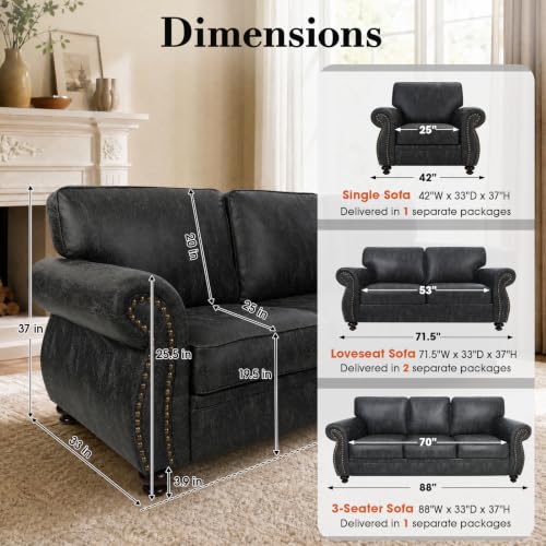 Image of Couchus 88 inch W 3-Seater Sofa Couch, Faux Leather Fabric Sofas, Grey