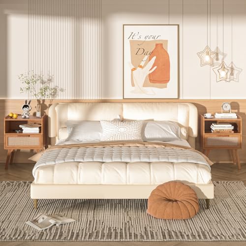 Image of Lerliuo Rattan Nightstand, Side Table with Drawer Open Shelf | Bedside End Table with Solid Wood Legs, Mid Century Modern Night Stand for Bedroom, Dorm and Small Spaces (Tea Brown)
