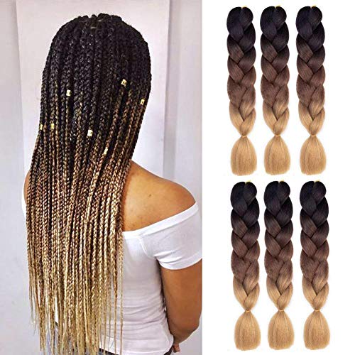 SHUQISH Kanekalon Braiding Hair 24inch 6Pcs/Lot 100G/Pcs Ombre Braiding Hair Extensions Jumbo Braids Synthetic Hair for Braiding (Black-Dark brown-Light brown)