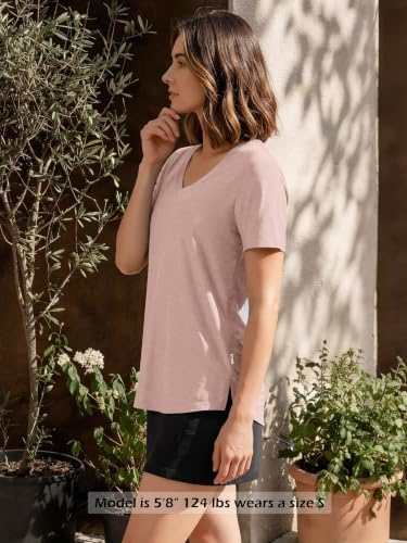 Image of ODODOS Women's Short Sleeve Performance V-Neck Tunic Tops, Ultra Soft odSTRATUM Tech Tee, Side Slit Relaxed T-Shirts