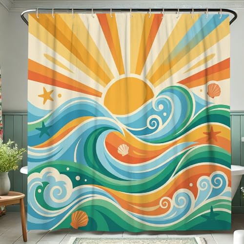 Rideau de douche vagues bleu azur avec tapis pour baignoire
