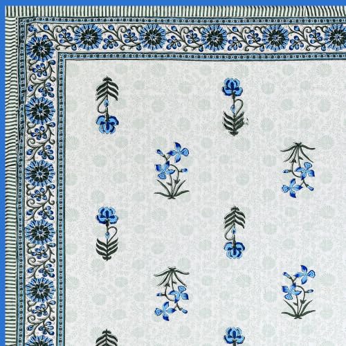 Image of BLOCKS OF INDIA 100% Cotton Dohar King Size Reversible Hand Block Printed Malmal Summer Dohar /Blanket (Blue Green Flower)