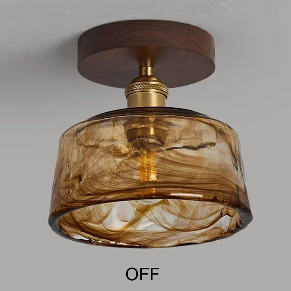 Półwpuszczana lampa sufitowa w stylu chińskim w stylu vintage z abażurem ze szkła burszowego i drewnianą ramą. Wykończenie z mosiądzu i klosz o wymiarach 16,8 cm (6,6 cala). Idealny do kuchni