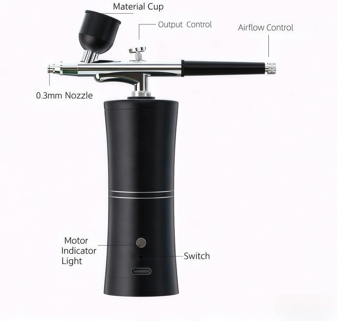 Cordless Airbrush Kit with Compressor, 48PSI Portable Rechargeable Airbrush Gun with 0.3mm Nozzle, 3 Cup Sizes & Cleaning Set – for Nail Art, Cake Decorating, Makeup, Tattoo, Model Painting (Black)