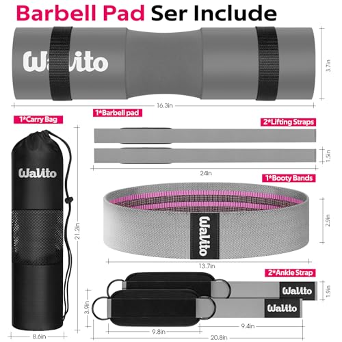 Image of WALITO 8Pcs Barbell Pad Set for Hip Thrust - Squat Pad,Gym Accessories for Women with Bar Bad,Bench Press, with Gym Ankle Straps,Resistance Bands for Working Out,Lifting Strap,Carry Bag