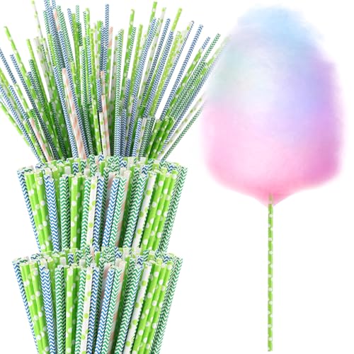 Image of Reallnaive 200 Pieces Cotton Candy Cones 13.8 Inch Cotton Candy Holder Stick Random Color Paper Straw Cones Colorful Sticks for Birthday Wedding Holiday Party (Green Color)