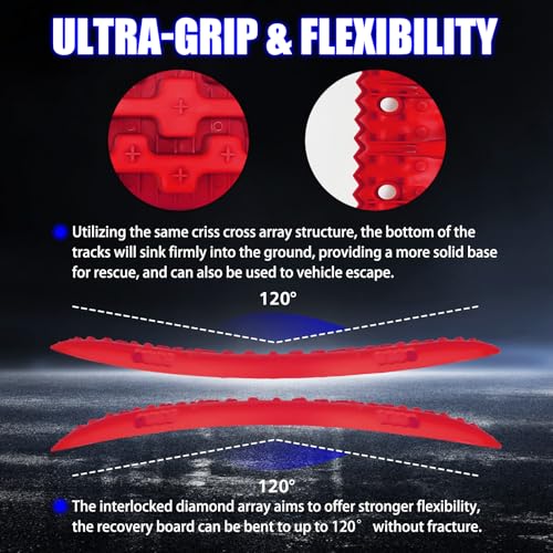 Traction Boards Offroad,Recovery Traction Boards with Jack Base,Offroad Accessories 4x4 for Truck Vehicle Jeep SUV,Mud, Snow,Sand,Scree with 2 Straps&Storage Bag,Red