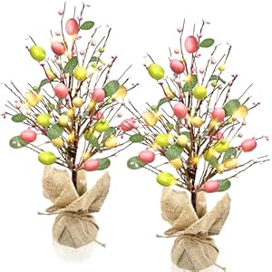 Vanthylit Easter Decorations 2 Pack Easter Tree with Eggs Artificial Battery Powered Tabletop Centerpiece Lighted Artificial Tree for Holiday Party Spring Home Decor