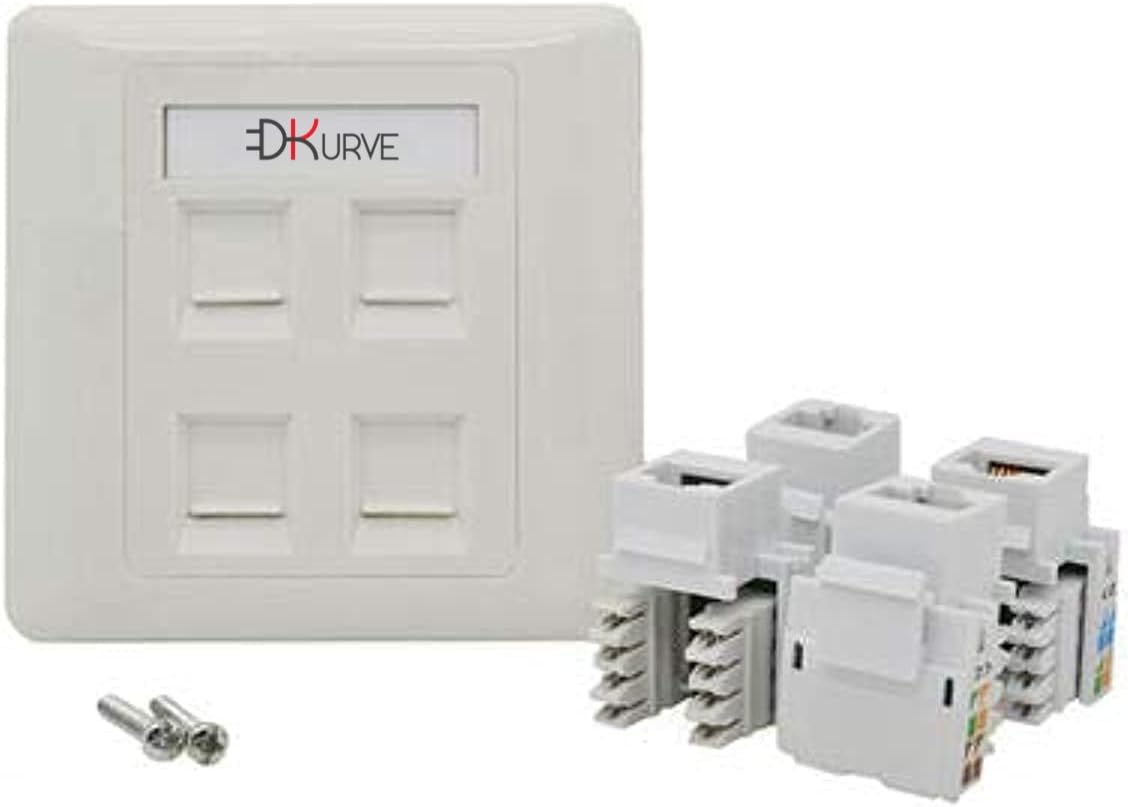 DKURVE CAT5E CAT6 Network Wall Socket RJ45 LAN Faceplate Ethernet Wall Socket Faceplate Wall Plate for CAT6/CAT5E/CAT5 Network Cable with 90 Degree Keystone Jack Modular ® (4 PORT WITH JACK)