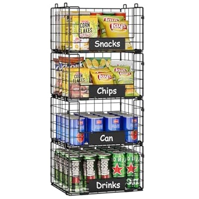 JKsmart Pantry Organizers and Storage, 4 Pack XL Stackable Wire Baskets with NamePlates, Metal Storage Bins for Snack Can Fruit Vegetable Spice