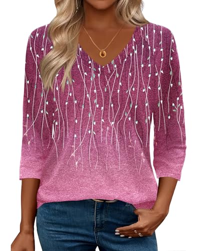 Zeagoo 3/4 Sleeve Top for Women Dressy V Neck Floral Blouses Bright Floral Shirts Cute Tunic Tops L