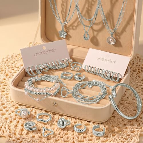 Image of Jewelry Set for Women with Multi Layer Necklaces Bracelets Hoop Earrings Set Stackable Knuckle Rings, 14k Gold Plated Jewerly Set for Everyday Styling and Gifting