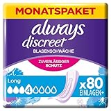 Always Discreet Inkontinenzeinlagen Long, 80 Binden (4 x 20 Stück) Monatspaket, diskreter Schutz & hohe Saugstärke, Geruchskontrolle (Verpackung kann variieren)