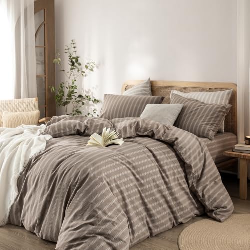 Image of BESTOUCH Striped Cotton Duvet Cover Set Linen Feel Twin | 100% Washed Cotton, Soft Wrinkle Texture, Hidden Zipper, 8 Ties, Breathable Lightweight Durable Comfy, 2 Pcs No Insert