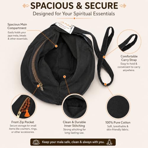 Image of Original Pure Cotton Gomukhi Japa Mala Bag /Chanting Bag or Beads Bag /Jholi /Thole with Zip Pocket and Sakshi Mala Counter, Colour; Black (Pack of 1)