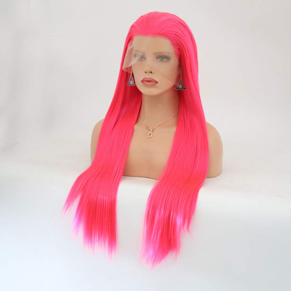 Magenta Pink Wigs for Women Long Straight Synthetic Hair Lace Front Wig Heat Resistant Fiber 26 inch (ST-025 hot pink)