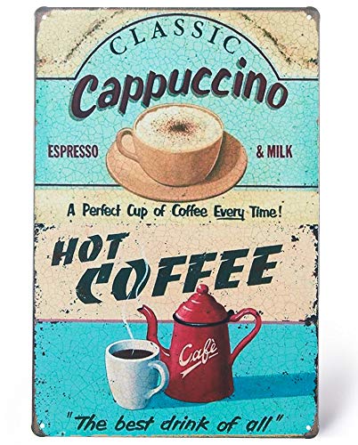 UNIQUELOVER Coffee Sign, Classic Cappuccino Hot Coffee Vintage Metal kitchen Coffee Bar Accessories 8 X 12 Inches, Small