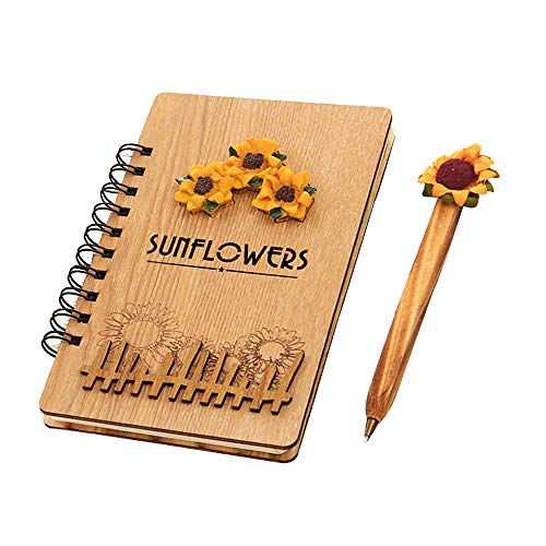 Handmade Sunflower Wooden Cover Notebook Journals with Ballpoint Pen,Perfect Gift Set for Travel Diary, Art Sketchbook and Notebook