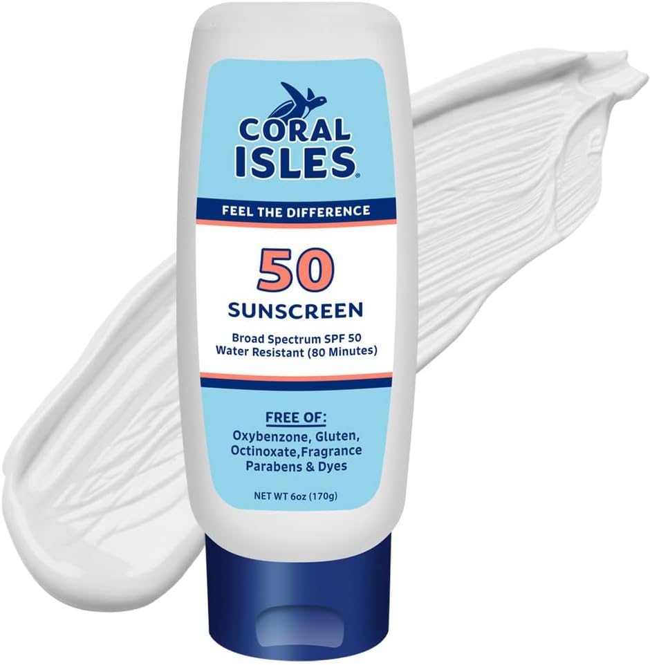 Coral Isles Sunscreen SPF 50 | Hawaii Reef Act Compliant | Octinoxate & Oxybenzone Free | Broad Spectrum UVA/UVB Protection | Water Resistant 80 Min. | Fragrance Free | 6 Fl Oz Lotion