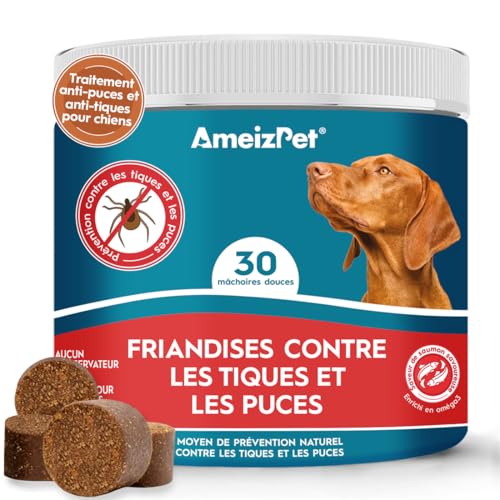 AmeizPet Cachet Chien Anti Puces Et Tiques Comprimés, Anti-Puces Chien Anti-Tique Prévention des Puces pour Chiots Et Chiens Adultes, Enzymes Digestives, 30...
