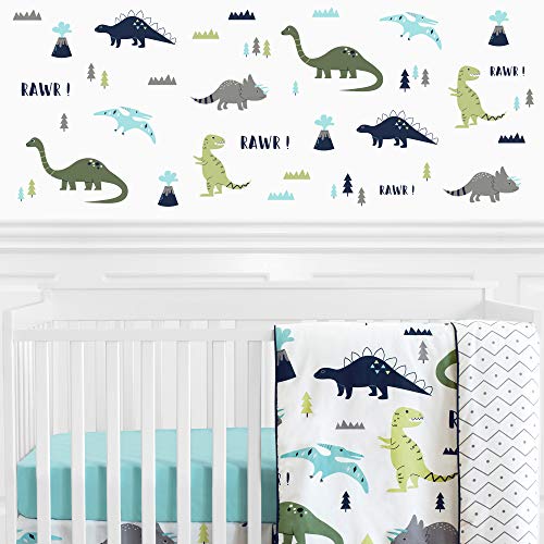 Blue and Green Modern Dinosaur Girl or Boy Baby and Kids Wall Decal Stickers - Set of 4 Sheets