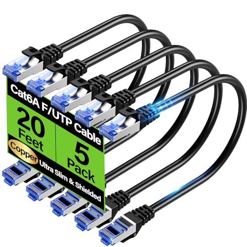Image of Cat6A Ethernet Cable Shielded 10Gbps 20 ft (5 Pack), Slim Shielded (F /UTP) Ethernet Cable Cat 6, Flexible 28AWG Bare Copper Cat6 Cable, Space-saving Cat 6a Network Cable for Server, Data Center, Black