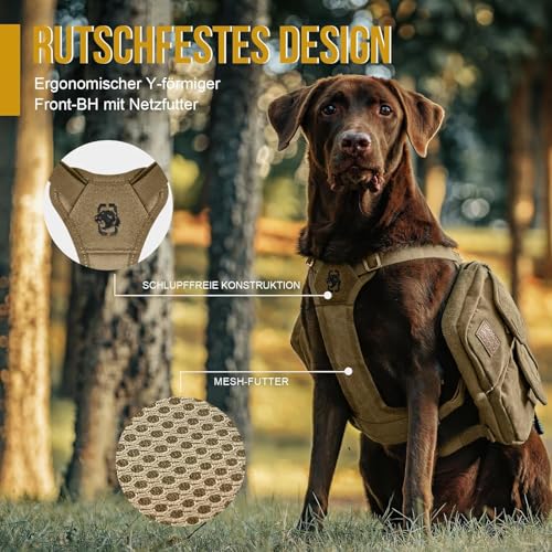 OneTigris Hundegeschirr mit Tasche, Hoppy Camper 3.0 Camping Wandern Hunderucksack für für Mittlere/Große Hunde, Rucksack für Hunderücken 2 Haupttaschen 4 Nebentaschen - Braun M