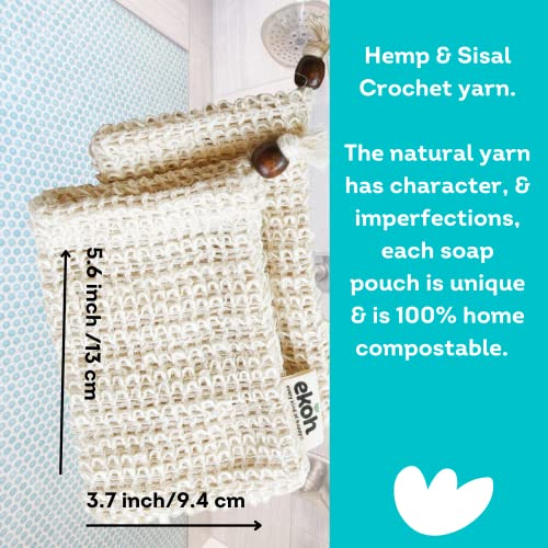 Ekoh Hemp Sisal Soap Saver Pouch, Exfoliator Drawstring Shower Pouch 3-Pack, Eco Gift Box, Zero Waste Plastic-Free Soap Pocket For Large Soap Bars #TOP2