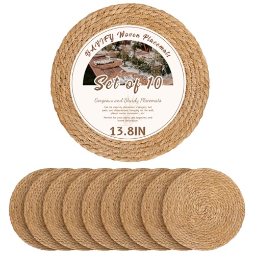 Image of 13.8 in Round Woven Placemats Plate Chargers Set of 10, Rattan Wicker Table Mats Chargers for Dinner Plates Boho Farmhouse Rustic Place Mats for Dining Table Decor