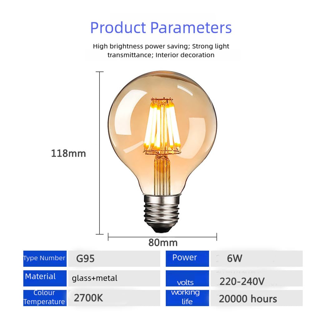 8 Stück Edison Vintage Glühbirne 6W G95 E27 LED Filament Lampe Globe(Ersetzt 60W Glühlampe),600 LM,Warmweiß 2700K,Amber Glas, Nicht Dimmbar Antike Alte Edison Glühlampe
